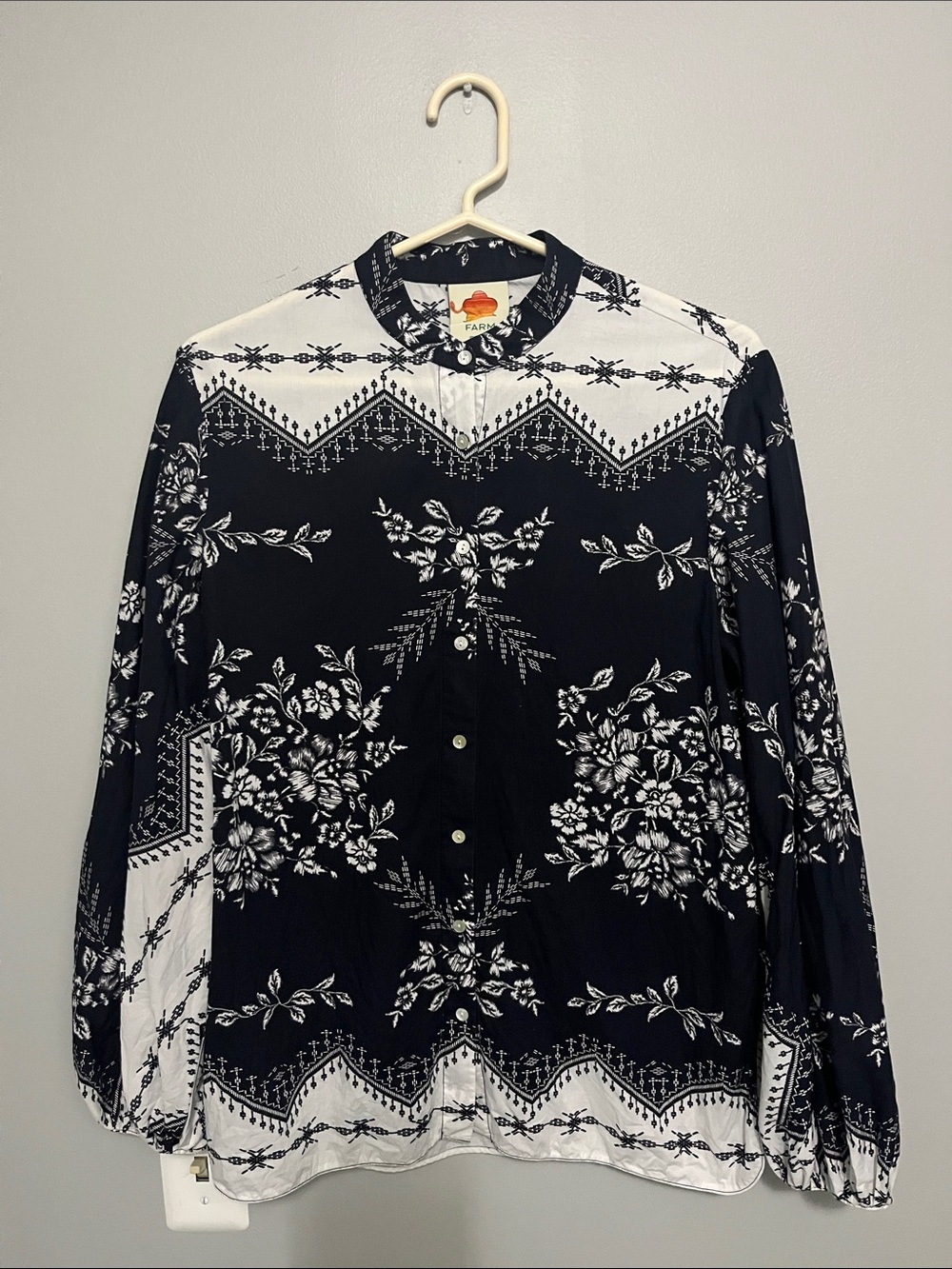 Farm Rio Dark Blue and White Floral Print Button-Down Shirt